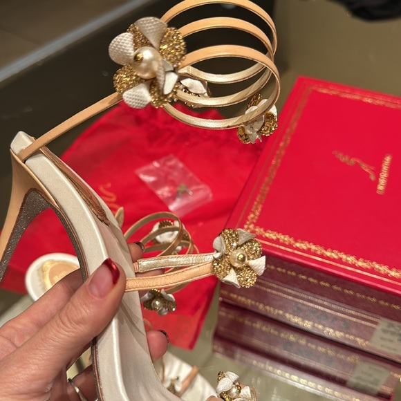 Rene Caovilla Karung Rose Gold Flower Ankle Wrap Heels - Picture 11 of 11